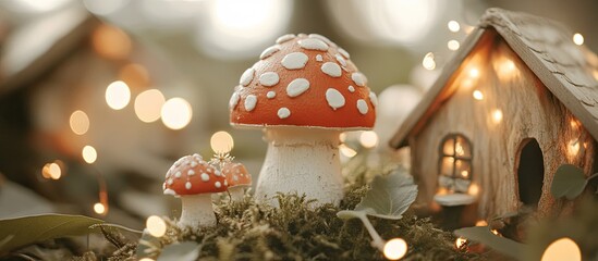 Whimsical Toadstool Village Illuminated by Warm, Glowing Fairy Lights