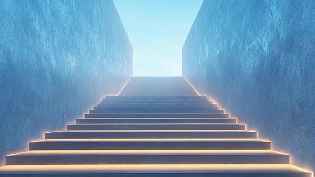 Modern architecture featuring a long, ascending staircase with glowing golden steps contrasting against serene blue concrete walls, symbolizing progress, hope, and potential on a clear path forward