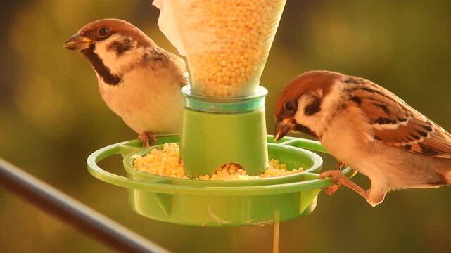 Wild birds - two field sparrows eat yellow millet from a green feeder and a third sparrow flies up to them in the dawn rays of a sunny winter morning