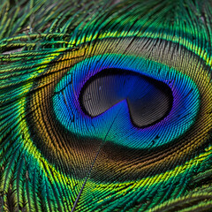 Close up of peacock feather eye detail, iridescent colors and patterns