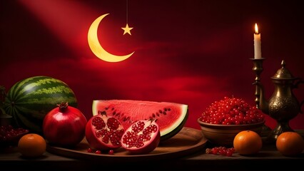 A vibrant still life arrangement of fruits, candle, and traditional elements against a red background