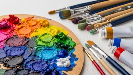 Vibrant Art Palette with Assorted Brushes and Paint Tubes.