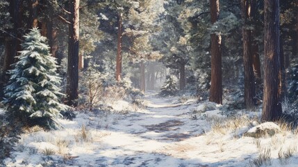 Winter Forest Path: Snow-Covered Trees and Sunlight, Serene Landscape.