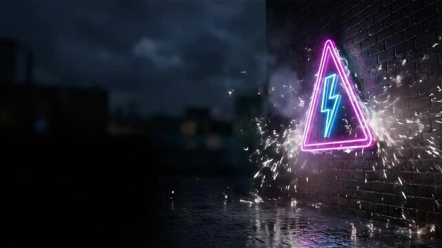 Urban night alley with flickering neon lightning bolt sign. Explosive electric sparks and lightning strikes on a dark brick wall. Cinematic 3D render with moody atmosphere and smoke.
