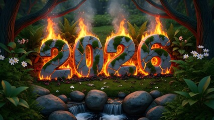 A fiery and dramatic entrance for the year 2026 in a lush forest setting