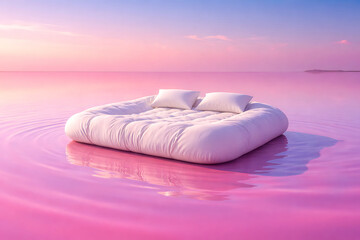 Floating mattress on pink reflective water, surreal comfort concept