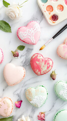 A composition of delicate heart shaped French macarons with rose flower buds on a marble surface. Sweets for St. Valentine day.