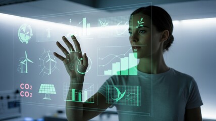 Woman interacts with holographic display for sustainable energy and environmental data analysis