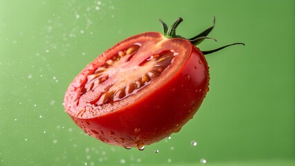 Fresh Ripe Tomato Halved, Floating on Green Background