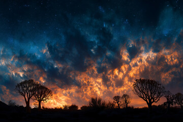 Namibia Dark Site Panorama With Blue Reflection And Orange Emission Clouds, Tracked Star Points, Quiver Trees Silhouette, Stitched 24mm Sweep, Southern Sky