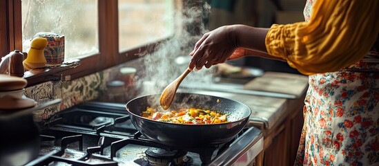 Woman's Hands Stirring Vibrant Vegetable Stir-fry in a Steaming Wok on a Gas Stove