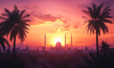 Authentic Arabian Iftar Scene in Oasis with Dramatic Sunset Sky