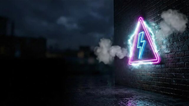 Urban night alley with flickering neon lightning bolt sign. Explosive electric sparks and lightning strikes on a dark brick wall. Cinematic 3D render with moody atmosphere and smoke.
