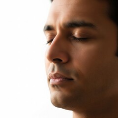 Fototapeta premium Indian Man Meditating Close Up on White Background – Calm Mindfulness Portrait