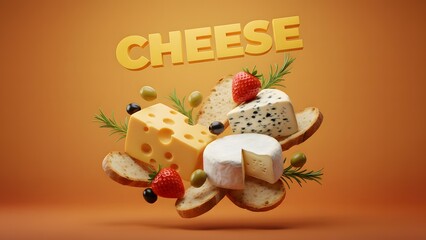 A dynamic display of assorted cheeses, fresh strawberries, olives, and bread slices