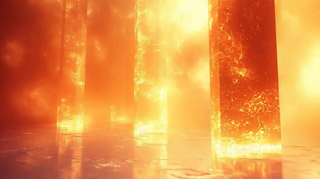 Abstract scene depicting multiple glowing fire pillars rising from a reflective liquid surface, creating a hot, infernal environment with intense light and heat