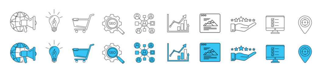 Market analysis icon set. Outline containing global marketing, growth, teamwork, feedback, with blue accent research, trends, insight, data, productivity, marketing, strategy vector silhouette.