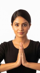 Indian Woman with Folded Hands on White Background &ndash; Prayer and Inner Strength Concept