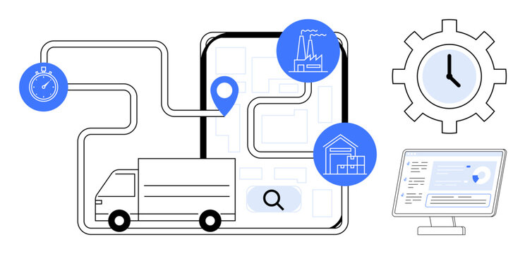 Logistics, supply chain, transportation, delivery tracking, inventory management, shipment optimization. Delivery truck mapped to facilities, icons thumbs up stopwatch gear and computer. Logistics