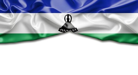 Wavy silk fabric flag of Lesotho with its national colors blue, white, green, and the black mokorotlo hat.