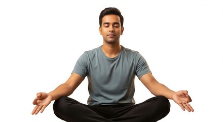 Indian Man Meditating on White Background &ndash; Mindfulness & Wellness Stock Photo