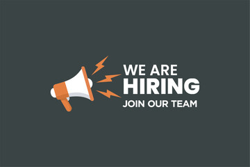 We are hiring banner with megaphone icon and bold text on dark background. Recruitment announcement design for job vacancy, career opportunity, hiring campaign. Vector illustration.