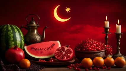 A vibrant still life with pomegranates, watermelon, and a crescent moon symbol against a red background