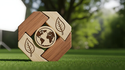 Eco friendly wooden puzzle pieces with leaves and globe on green grass