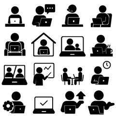 在宅ワークとビジネス業務を表す人物アイコンセット