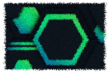 Futuristic Dark Hexagon Pattern With Glowing Green and Blue Gradient Edges in a Digital 3d Style, Made of cubes
