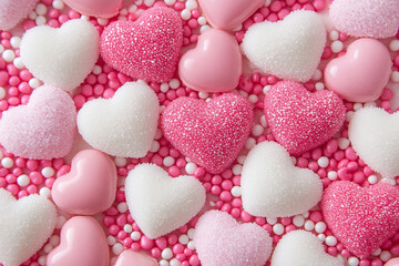 Delicious colorful candies and pink and white sugar snacks. For a Valentine day bakery treat with sprinkles and icing.