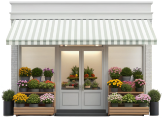 Charming and meticulously detailed storefront of a flower shop, constructed with light grey brick and featuring a striped white and grey awning, displays vibrant, isolated on transparent background.