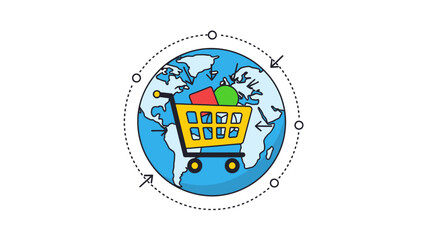 Naklejka premium Global E-commerce Concept with Shopping Cart on Planet Earth and Dynamic Transaction Arrows on Isolated White Background