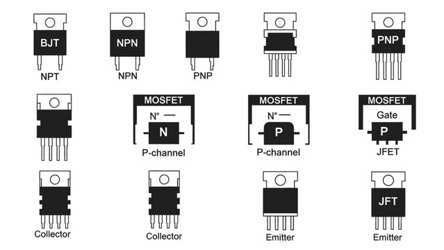 Electronic Transistor Types Icon Set, BJT, NPN, PNP, MOSFET, JFET, Isolated White Background