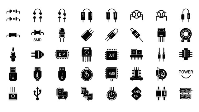 Comprehensive Set of Electronic Components Icons, Circuit Board Parts Symbols on isolated white background
