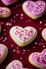 Delicious cookies in pink and white color create a sweet heart inspired dessert for a Valentine bakery treat with sprinkles and icing.