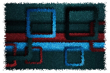 Creative Graphic Design With Floating Blue and Red Square Frames Over Horizontal Striped Lines, Made of cubes
