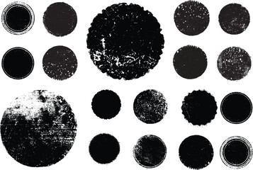 Grunge circle stamps, insignias, labels, tags for your design. Grunge textured black vector rubber stamps.Vector rough edges badges set .Grunge set of textured black labels . Pack of vector stickers. 
