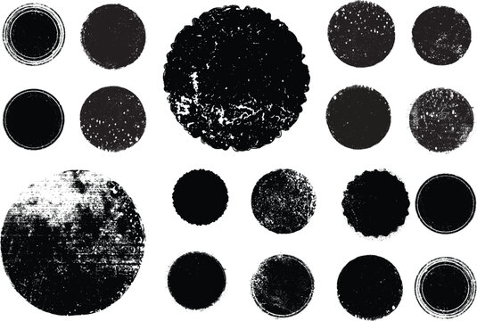 Grunge circle stamps, insignias, labels, tags for your design. Grunge textured black vector rubber stamps.Vector rough edges badges set .Grunge set of textured black labels . Pack of vector stickers. 