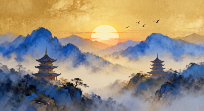 Sunset Over Mountain Pagodas with Birds