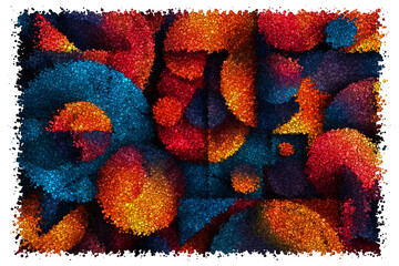 Complex Circular Abstract Art With Overlapping Spheres in Warm Orange and Cool Blue Paint Tones, Made of cubes
