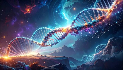 Digital art DNA helix over a landscape with nebula-filled sky, stars and glowing light