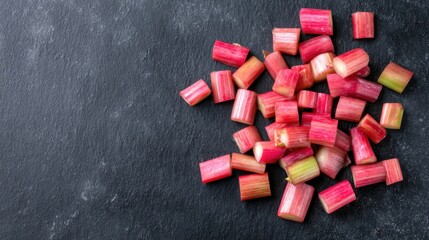 Fresh chopped rhubarb pieces are scattered on a dark surface ready for use in various recipes. This setup is common in kitchens where ingredients are prepared.