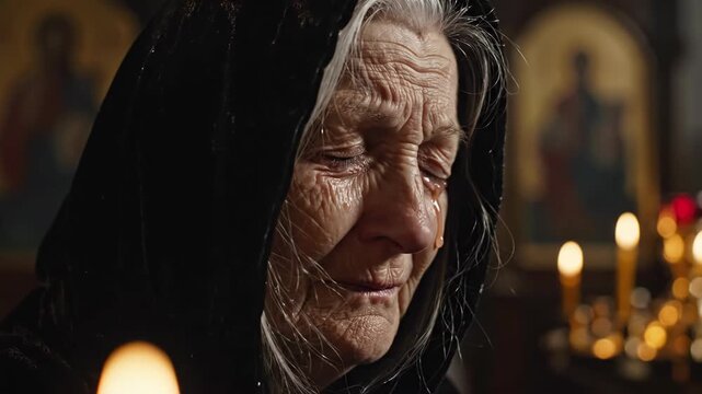 Elderly woman praying in church, tears on her face, concept of faith, sorrow, and devotion.