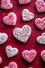 Delicious cookies in pink and white color create a sweet heart inspired dessert perfect for a Valentine bakery treat with sprinkles and icing.