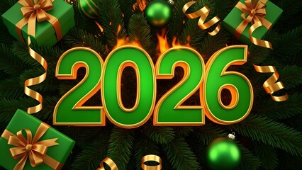 Festive green and gold new year 2026 background with christmas ornaments and gifts