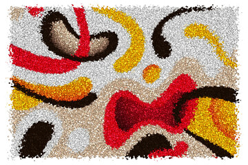 Playful Organic Liquid Blobs in Red and Yellow Floating on a Neutral Beige and White Background, Made of cubes
