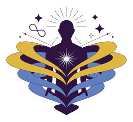 Human silhouette radiates light symbolizing inner peace, enlightenment,.