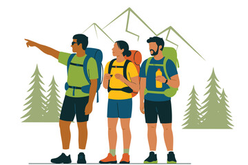 Three diverse hikers with backpacks point forward toward distant mountain.