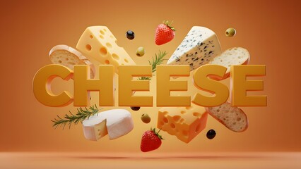 A vibrant display of assorted cheeses, fresh fruit, and bread slices floating dynamically